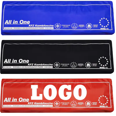 Kfz-Kombitasche „All in One“ in Blau, Schwarz und Rot – die rote Tasche mit Platzhalter „LOGO“ für den eigenen Aufdruck